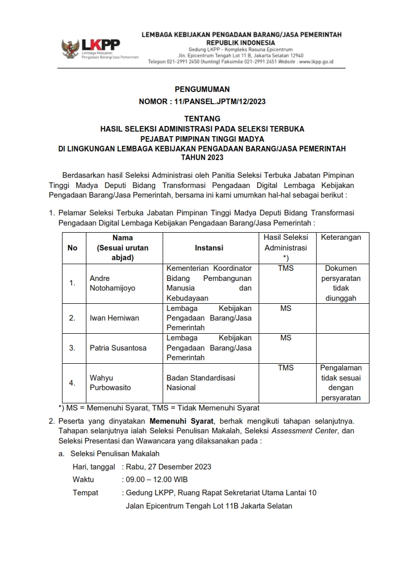 http://lkpp.go.id./Hasil Seleksi Administrasi Pada Seleksi Terbuka Pejabat Pimpinan Tinggi Madya  Di Lingkungan Lkpp Tahun 2023